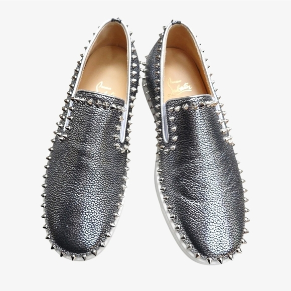 Christian Louboutin Pik Boat Metallic Silver Leather Spiked Slip On Sneakers 40 - Picture 2 of 13
